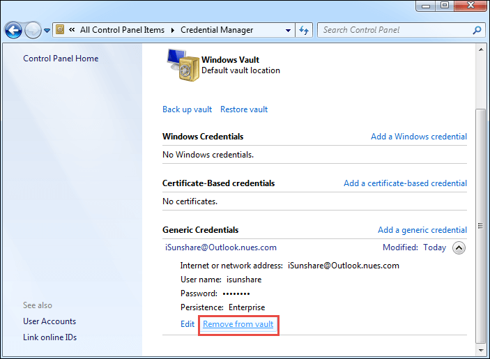 remove incorrect credential for outlook