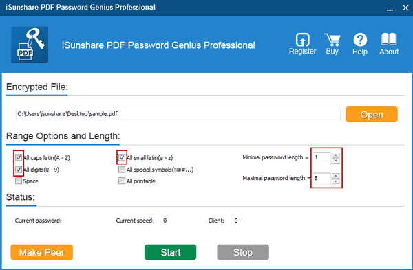 set pdf password recovery range and length