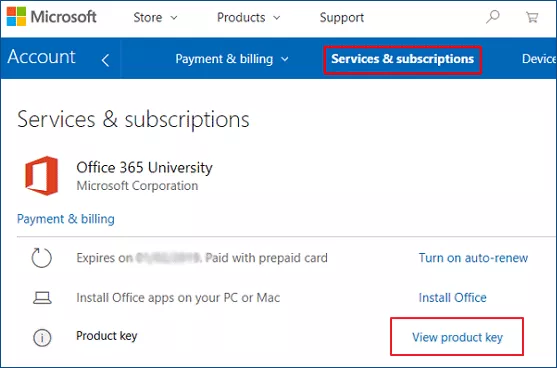 Find Microsoft 365 product key on Microsoft Service page