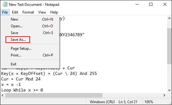 choose save as option in notepad