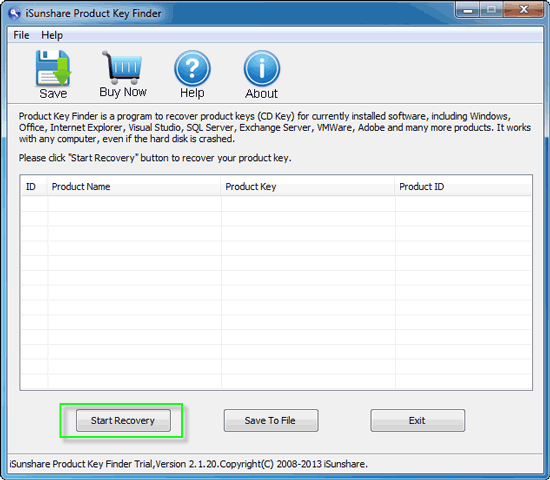 start recover product key