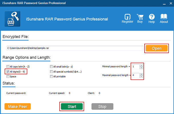 set options to retrieve rar password fast