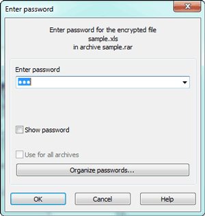 暗号化されたrarファイルを抽出するパスワードを入力します