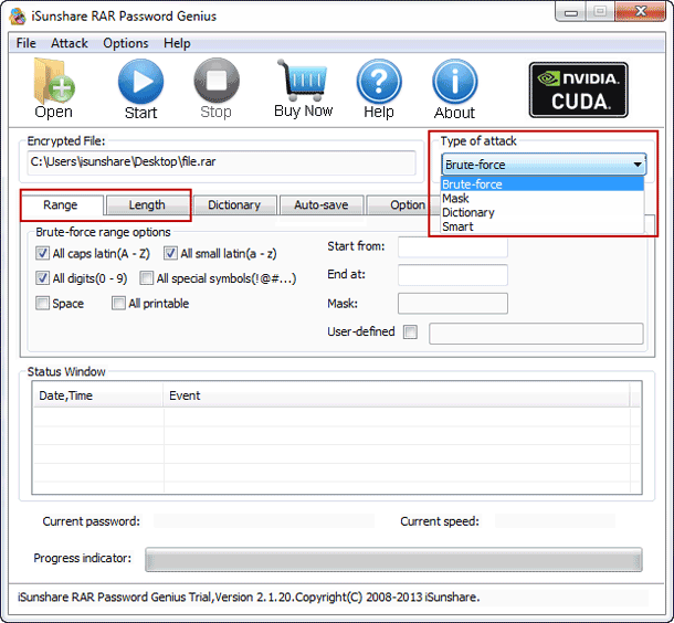 select winrar file password attack type