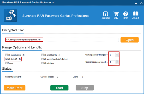 set probable rar archive password range and length