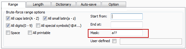 brute-force with mask attack setting