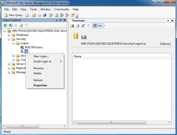 navigate to SQL Server SA account properties