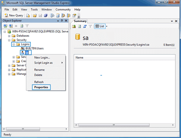 navigate to SQL Server 2014 SA account properties