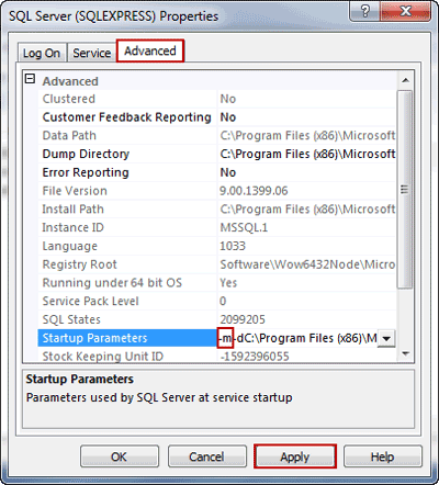 modifier les paramètres de démarrage de SQL Server pour activer le compte SA