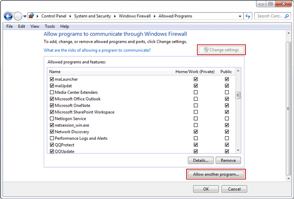 allow programs to communicate through Windows Firewall