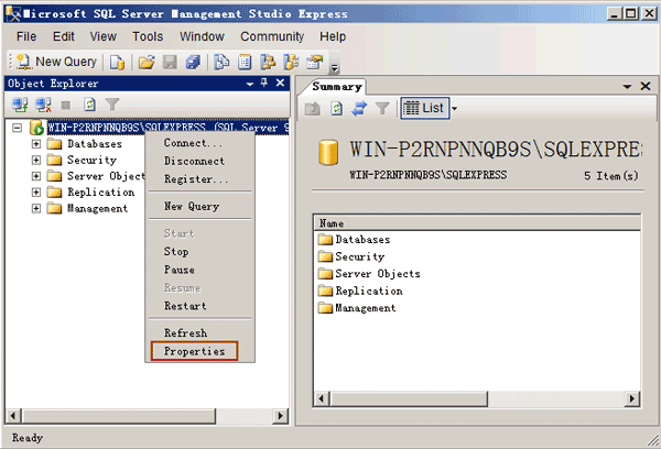 open SQL Server instance properties