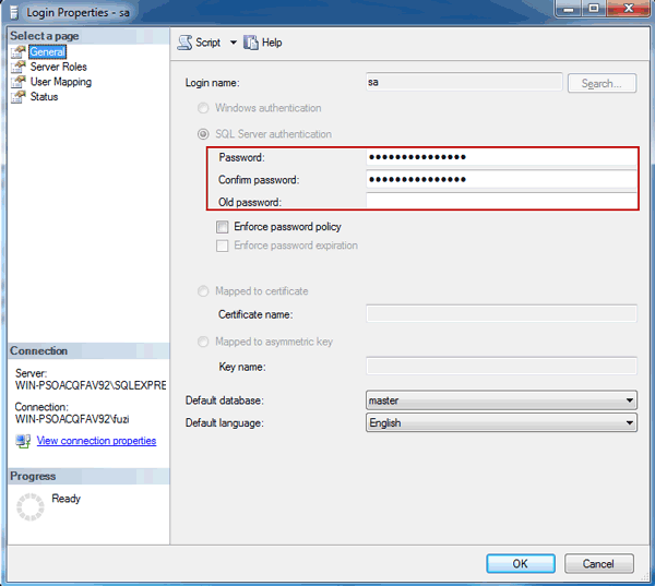 set password for SQL Sa account