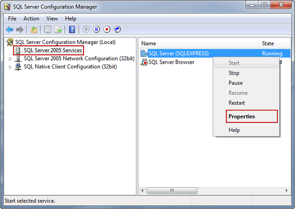 open SQL Server instance properties