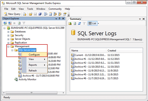 configure SQL Server ErrorLog