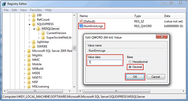 set value data for NumErrorLogs entry