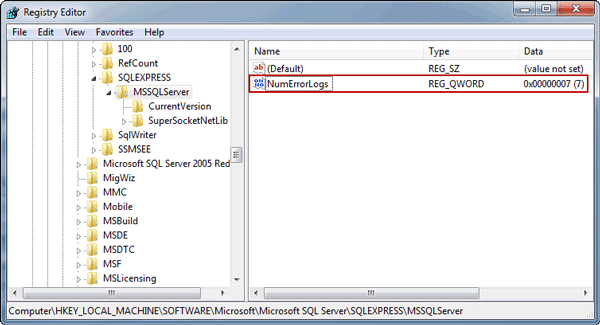 successfully change number of SQL Server ErrorLogs file in registry editor