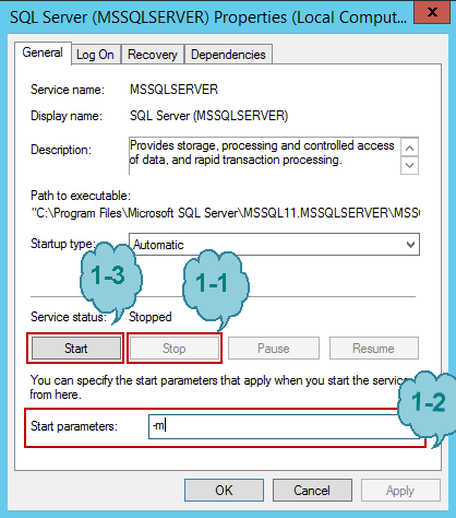 set SQL Server start in single user mode