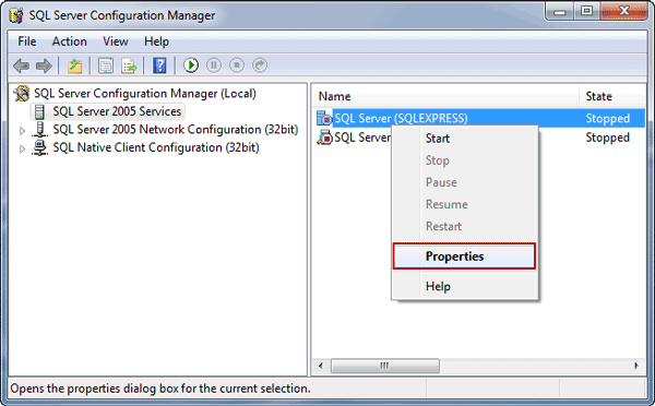 open SQL Server instance properties setting window
