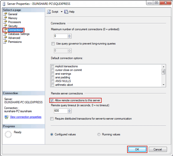 allow remote connections to server