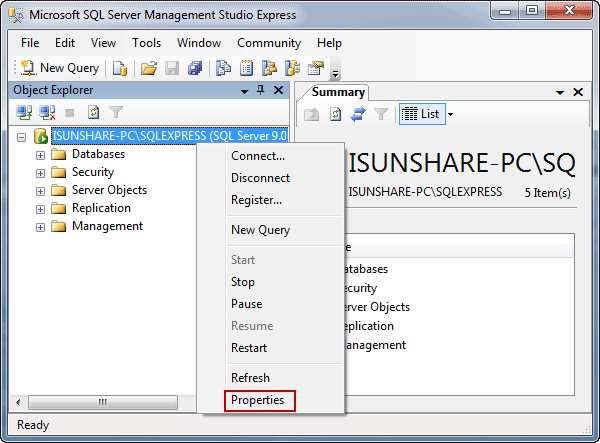 open SQL Server properties window