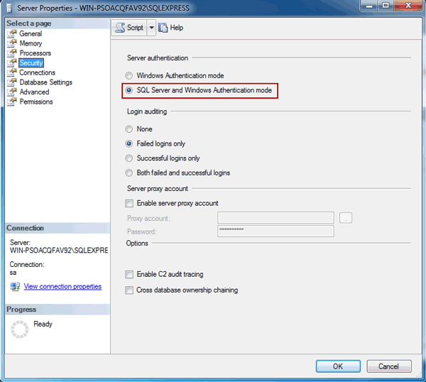 select SQL Server Mixed Authentication Mode