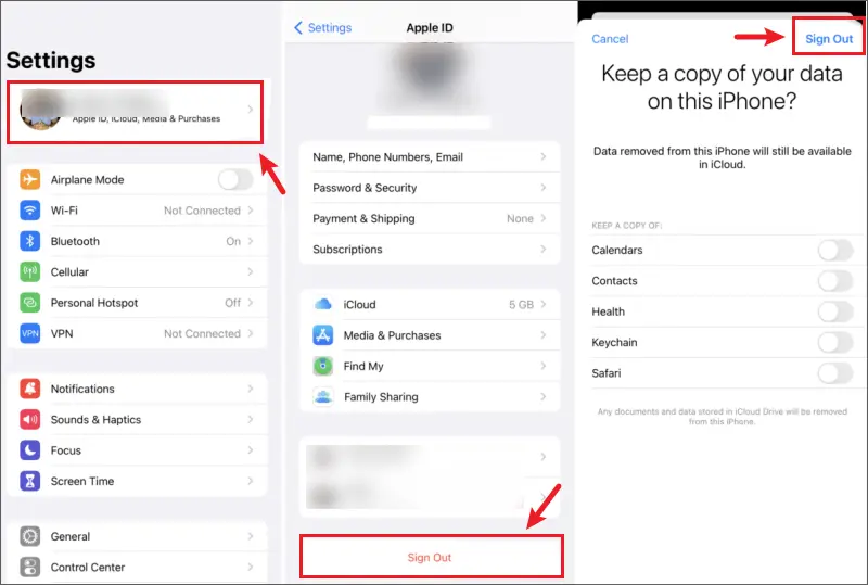 remove apple id from iphone settings app
