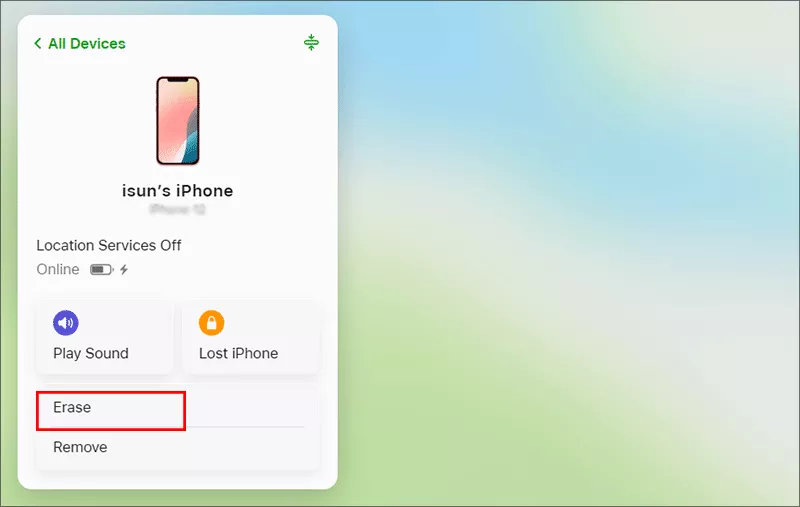 click Erase option on iCloud website