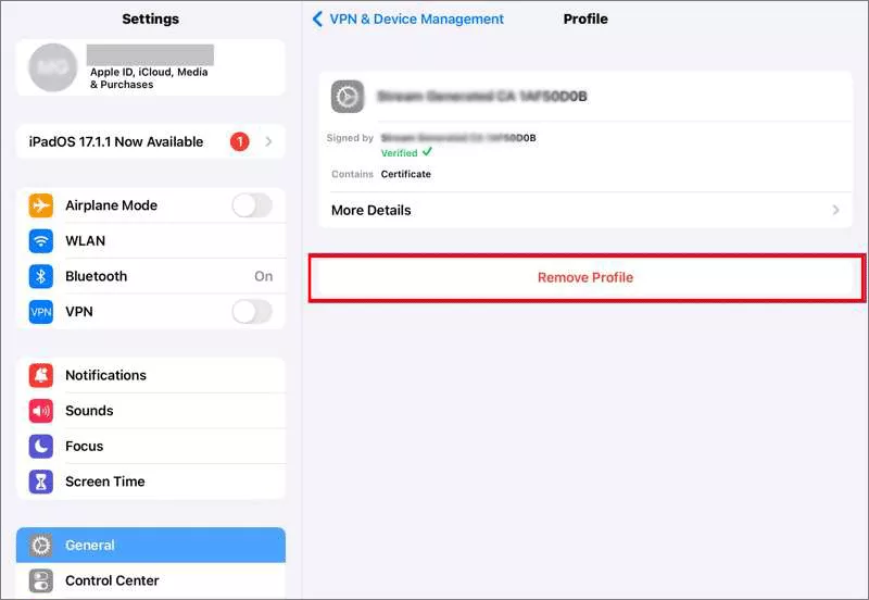 remove MDM profile from settings