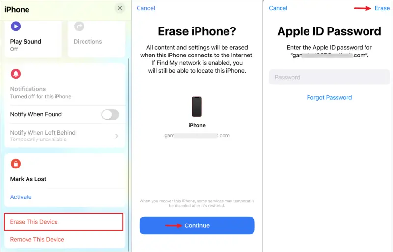 erase iphone with find my app