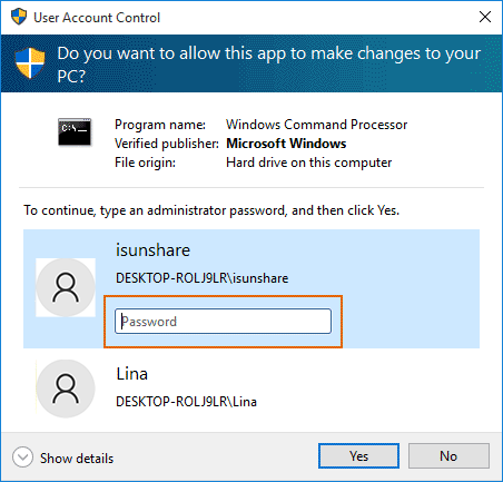 require administrator password in UAC windows 10