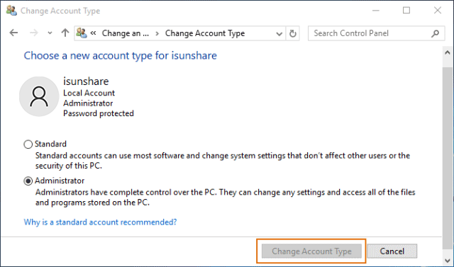 windows 10 change account type greyed out