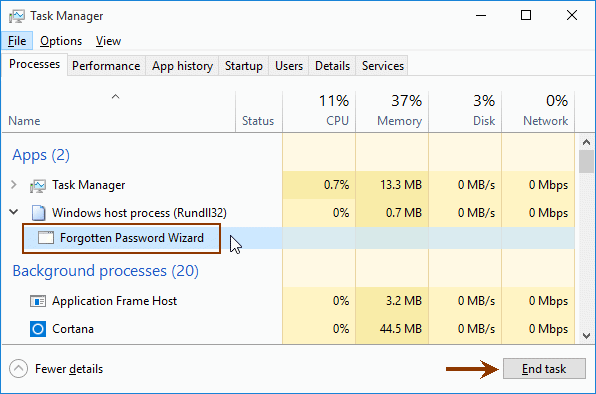 close forgotten password wizard in task manager