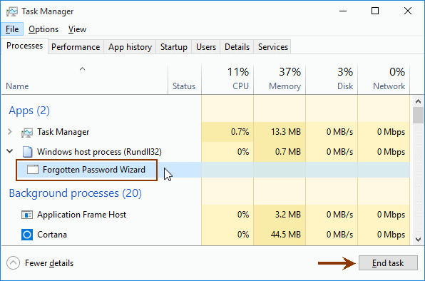 forgotten password wizard not popping up