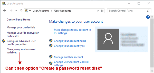 no option to create a password reset disk windows 10