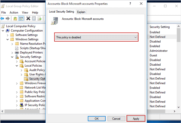 disable policy 'block microsoft account'