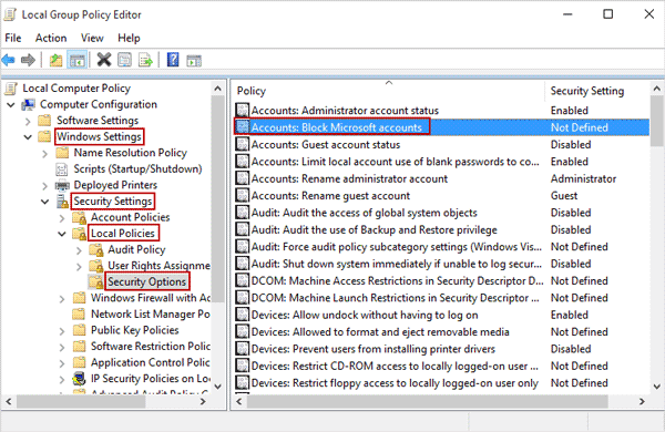 find option 'block microsoft account' in group policy editor