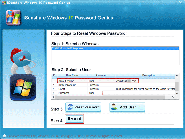 iSunshare ソフトウェアで Windows 10 のすべてのユーザーパスワードを変更します
