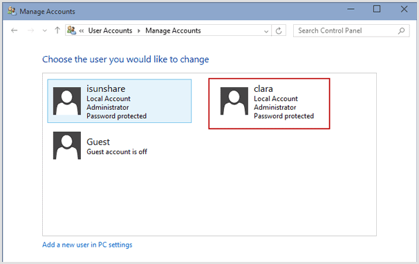 choisissez l'utilisateur Windows 10 pour changer le mot de passe