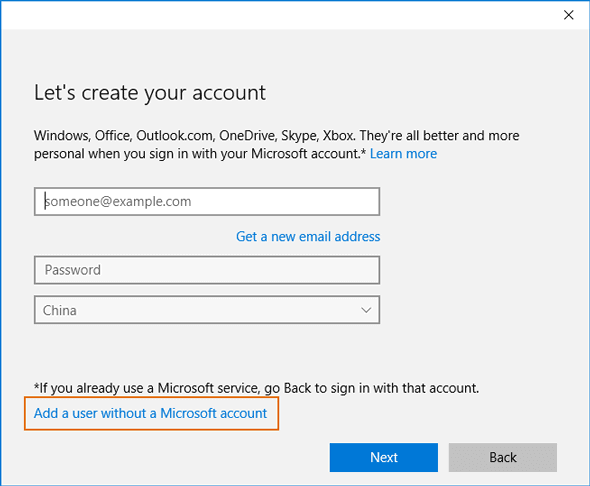 choose add a user without microsoft account