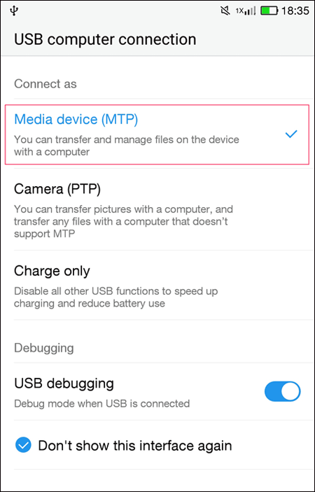 select media device (MTP)