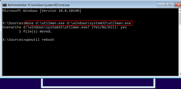 restore utilman.exe with windows 10 installation media