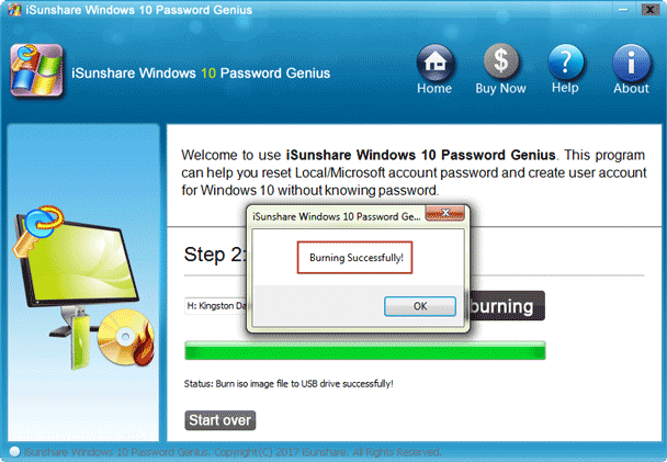 burn windows 10 tablet password reset disk successfully