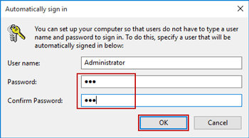 confirmer l'utilisateur et le mot de passe de connexion automatique