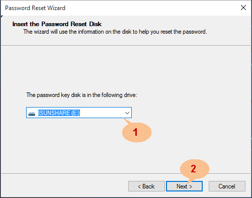 choisissez le disque de réinitialisation du mot de passe usb connecté