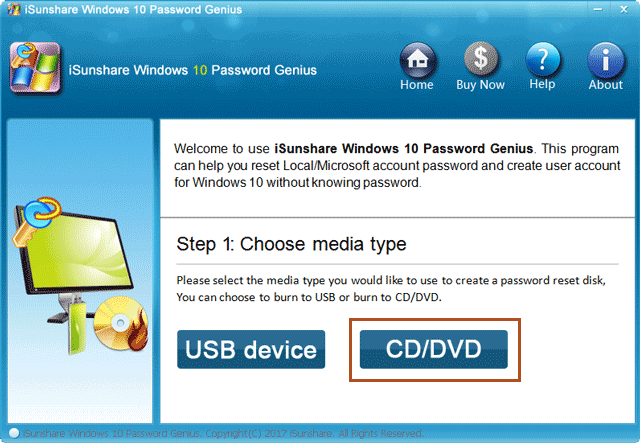 créer un disque d'installation CD avec le génie du mot de passe iSunshare