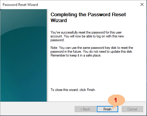 finish windows 10 password reset wizard