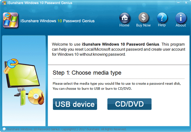 choose windows 10 password reset disk burning device