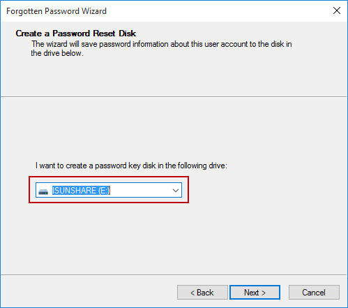 choose usb drive to create a password reset disk