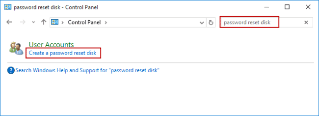 search and find create a password reset disk link